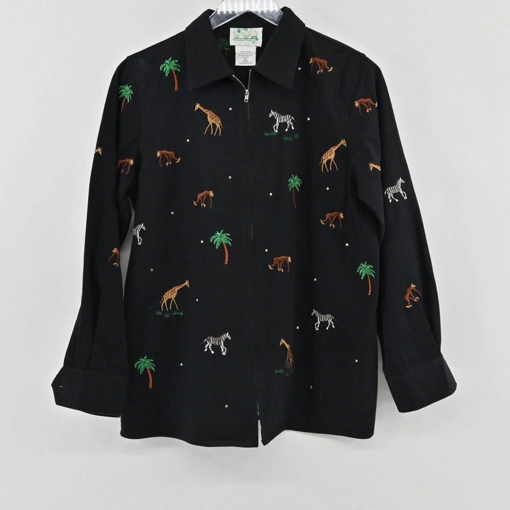Quacker Factory Safari Embroidered Jacket Womens Size XS Black Cotton Vintage